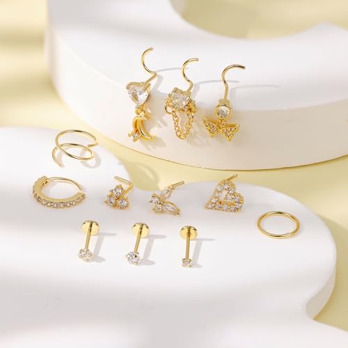 REVOLIA 12Pcs 20G Nose Ring Set 316L Stainless Steel Nose Rings Hoop for Women CZ L Shaped Studs Dangle Heart Butterfly Screw Nose Studs Cute Threadless Flat Back Nose Piercings Jewelry2
