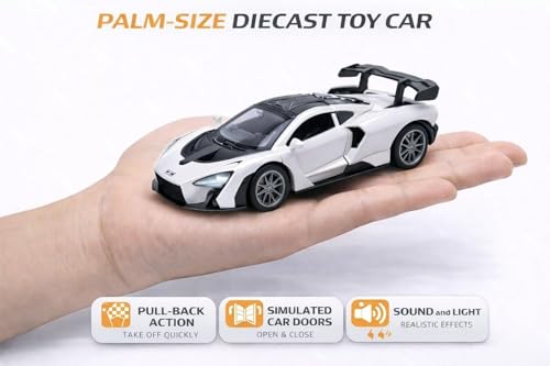 Image of 1:36 Die Cast McLaren Toy Car with Light & Sound, Pull Back Action Metal Sports Car Model with Openable Doors, LED Lights & Music, Toy Car for Kids Boys Girls & Collectors (White)