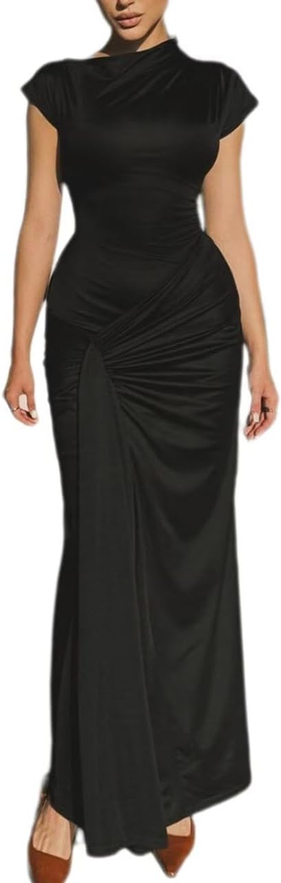 Mojessy Women Bodycon Maxi Dress Sexy Mock Neck Lace Up Bandage Ruched Short Sleeve Long Dress Cocktail Dress