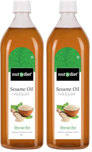 Image of nutndiet Cold Pressed Sesame Oil | White Sesame Til Ka Tel | 1 Litre Pet Bottle | Pure & Natural | Ideal for Cooking, Massage, Hair & Skin Care | Cold Press White Til Oil (Pack of 2)