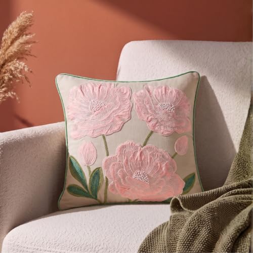 Image of haus & kinder Cushion Cover 16 x 16 Inch | Embroidered Decorative Cushion Cover for Sofa, Bed & Home Decor | Rose Bower Pink | Pack of 1
