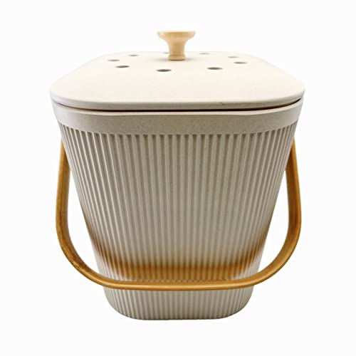 Kitchen Compost Bin with Charcoal Filters - Sustainable Bamboo Fiber Countertop Food Composter - Indoor Compost Bucket - Trash Can (Bamboo, Whiter)