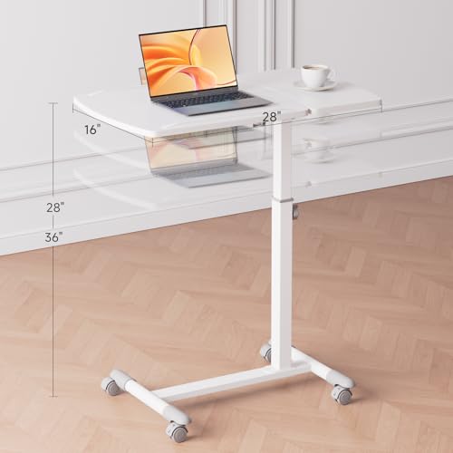 Image of GTPLAYER Small Standing Desk, 28 Inches Tiltable Mobile Rolling Laptop PC Table with Lockable Casters, Adjustable Height Overbed Bedside Table Computer Workstation for Home Office, White-Tiltable