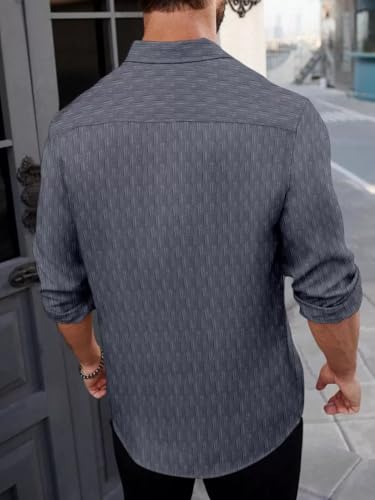Image of DEELMO Men's Regular Fit Button Down Dress Shirts Textured Long Sleeve Casual Hawaiian Shirt