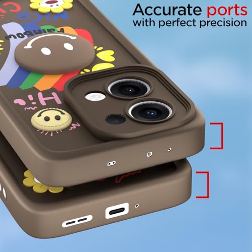Image of Pikkme Back Cover for Oppo Reno 13 5G | Soft Silicone| Cute Rainbow Smile & 3D Cartoon Flower Design | Shockproof Raised Camera Protection Bumper Case (Brown)