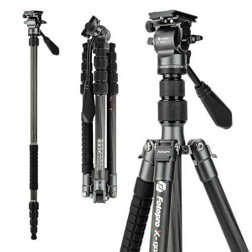 Fotopro 152cm カーボンファイバー製 旅行用三脚、コンパクトカメラ三脚、フルイドヘッド付き、取り外し可能なモノポッド、クイックリリースプレートとバッグ付き、最大8kg対応 ビデオ三脚 X-Go E2 ビデオブラック