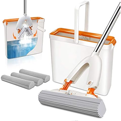 Almcmy PVA Sponge Mop and Bucket Set with Wringer System, Self Squeeze Mop with 3 Super Absorbent Sponge Heads Refills, for Hardwood Laminate Tile Marble Ceramic Vinyl Floors Cover