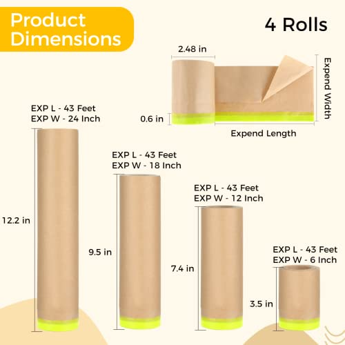 Yeesport 43 Ft X 6''/12''/18''/24'' Masking Paper With Double-Layer Adhesive Tapes,Waterproof Spray Paint Masking Paper, Drape Painter Paper For Automotive Wall Furniture Painting Protection #TOP2