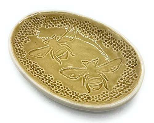 B JANECKA Honey Bee Soap Dish 7 x 4.5 Inch, Handmade in USA, Pottery 9th Anniversary Gift