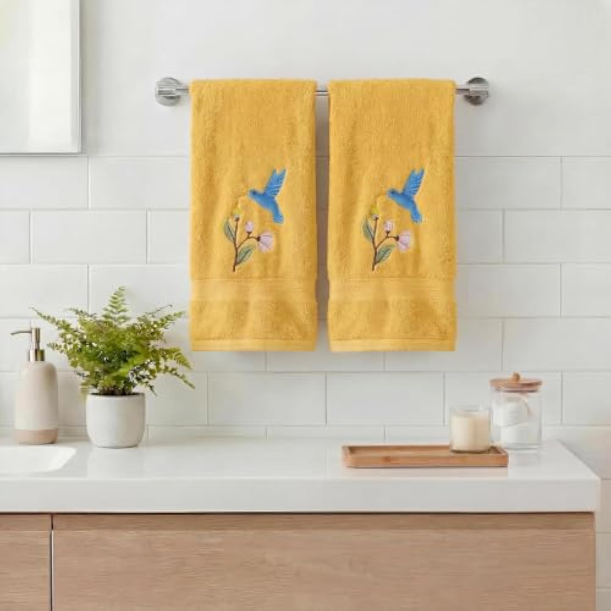 2 Pcs Yellow Bird Floral Embroidered Hand Towels, Bathroom Decor