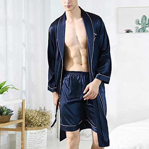 Men's Luxurious Kimono Robe with Shorts Summer Lightweight Nightgown Satin Bathrobes (Color : Blue, Size : Medium)3