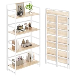 No Assembly Folding Bookshelf, 4 Tiers Collapsible Book Shelf for Home Office, Vintage Wood Foldable Bookcase Storage Organizer for Living Room Bedroom (Beige)