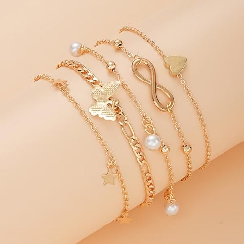 Image of Fesciory 14K Gold Plated Ankle Bracelets Sets For Women, Adjustable Layered Infinite Anklet, Summer Beach Butterfly Star Foot Chain Jewelry Gifts