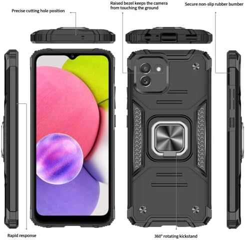 LeYi for Samsung Galaxy A03(Not A03S) Phone Case and 2 Tempered Glass Screen Protector, with Ring Holder Shockproof Military Grade Protective Mobile Phone Cover Case for Samsung Galaxy A03 Black