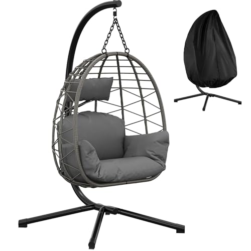 GarveeLife Silla Colgante Huevo De Ratán con Soporte De Acero Resistente, Reclinable y Plegable, Cojines Impermeables, Capacidad 150kg para Jardín, Patio y Balcón