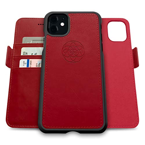 Image of dreem Fibonacci 2-in-1 Wallet Case for Apple iPhone 11 - Luxury Vegan Leather, Magnetic Detachable Shockproof Phone Case, RFID Card Protection, 2-Way Flip Stand - Red