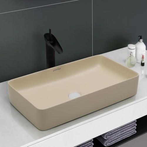 Image of Plantex Ceramic Table Top Wash Basin /Rectangle Basin for Bathroom /Over Counter Washbasin for Restaurant /Hotel (Matt Khaki, 24 x 14 x 4.5 Inch)