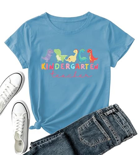Kindergarten Teacher Shirt for Women-First Day of School Teacher Short Sleeve Cute Dinosaur Kindergarten Teach Tops