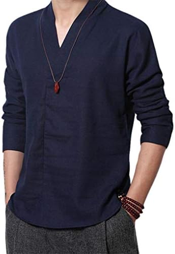 Cafuny Mens Long Sleeve V Neck Natural Linen Popover Shirt Casual Henley T Shirt Top S Navy