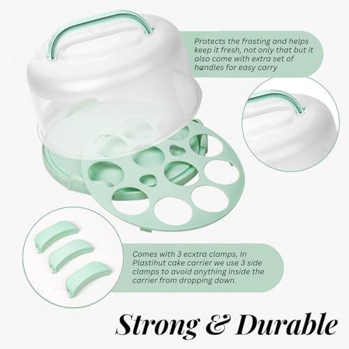 Plastihut Cake Carrier With Lid and Handle – All In 1 Multipurpose Cake Storage Container Fits 10\" Cake, 11 Cupcakes & A Cake Plate Serves as 5 Section Serving Tray for Snacks & Fruit - Mint