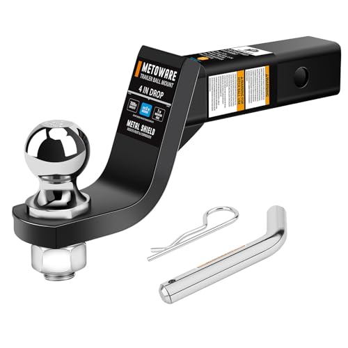 METOWARE Trailer Hitch Ball Mount, 4" Drop Hitch with 2" Ball, 7,500 lbs GTW Fits 2" Receiver for Truck SUV Boat RV, Solid Steel Towing Kit with Hitch Pin & Clip, Black