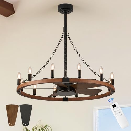 Image of Farmhouse Wooden Wagon Wheel Chandelier Fan 12-Light 36 inch Fandelier