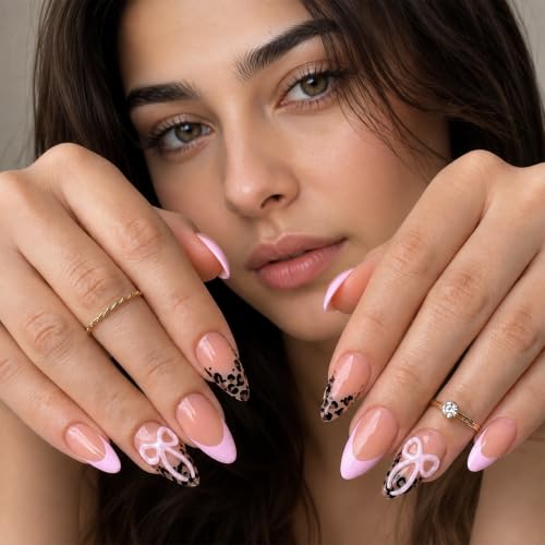 Image of Secret Lives Glossy Pink French Tip Press-On Nails with Leopard Print With 3D Bow Artificial Nail Art, 24-Piece Set with Kit
