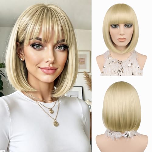 Blonde Bob Wigs for Women 12 Short Bob Wigs with Bangs Synthetic Heat Resistant Fiber Colourful Straight Bob Wig Cosplay Party Christmas Halloween Daily Use (Blonde)