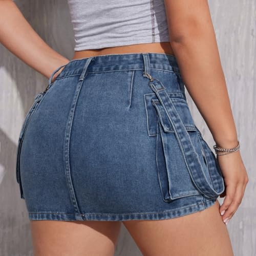 BlueMoment Womens Denim Mini Skirts High Waisted Cargo Skirt Cute Denim Side Slit Skirt with Pockets2