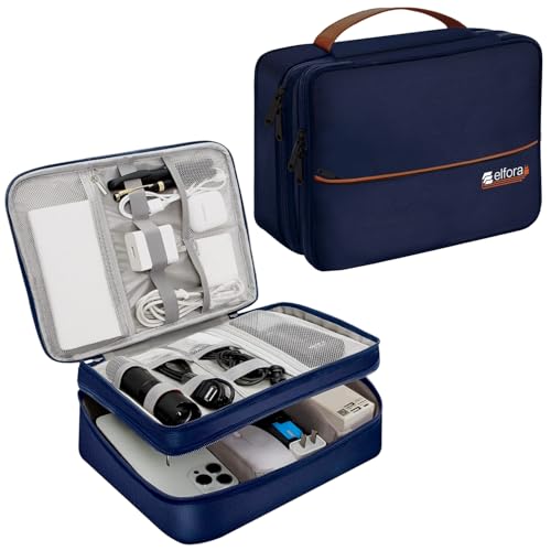 Image of Elfora Cable Organizer Case | Durable Double Compartment Travel Pouch for Charger, Phone, Power Bank, Tablet, Earphones & Hard Drive | Compact Tech Accessories Storage Bag with Mesh Pockets (Blue)