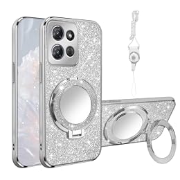 Nuouxoco for Motorola G 5G 2025 Case [MagSafe Compatible] Glitter Card Clear Back Cover with Ring Kickstand, Lanyard, Mirror Soft TPU Protective Cover for Moto G 5G 2025 Phone Case, Silver