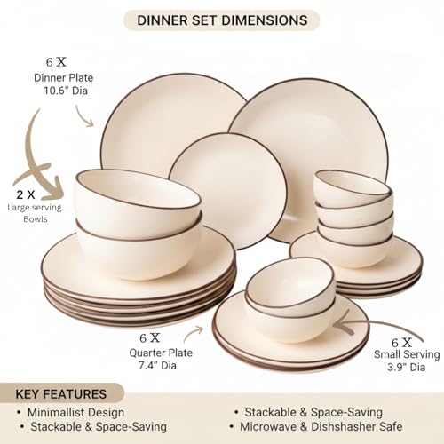 Image of Freakway Hand Painted Ceramic Dinner Set, 20 Pieces, Ivory White with Brown Rim, Stoneware, Microwave & Dishwasher Safe