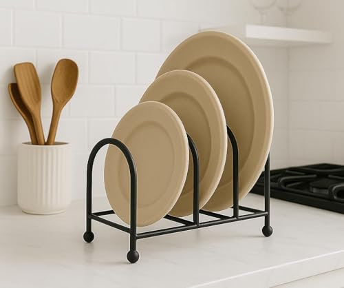 Image of Black Iron Dish Drying Rack - Compact 3-Slot Countertop Plate Holder & Cutlery Organizer, Space-Saving Design, 8x5x6 Inches