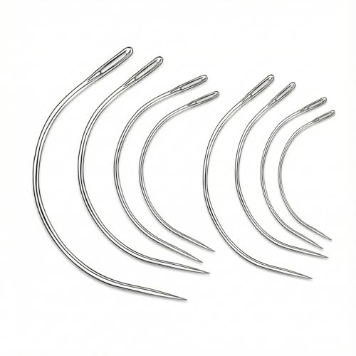 Lot de 8 Aiguilles Courbées à Coudre (4 Tailles 2.0/2.5/3.0/3.5 Pouces), Aiguille Courbe en Acier Inoxydable avec Gros Chas pour Cuir, Toile, Rembourrage...