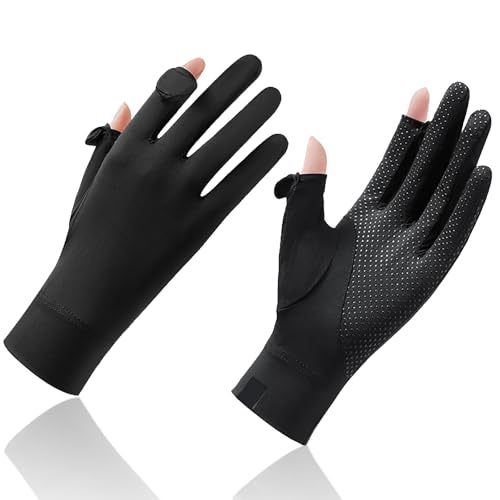Image of Sun Protection Gloves for Women, Non-Slip Touch Screen Sun Gloves, Breathable Silk Cooling Gloves, Outdoor Full Finger Gloves for Cycling Driving Fishing, Breathable and Lightweight (Black)