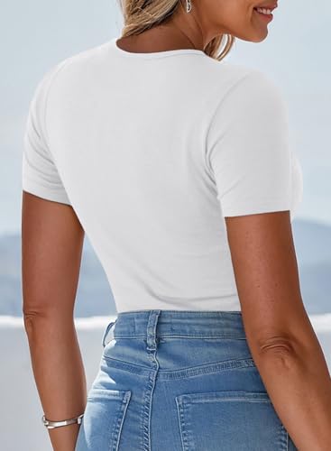 Dokotoo Womens Summer Short Sleeve Cute Tops Crewneck Twist Slim Fit Stretch Casual Trendy Going Out T-Shirts 2026 Fashion Clothing Ladies Tops and Blouses Keyhole Outfits White — view 5