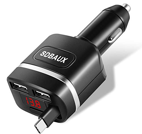 SIQIWO Car Charger, Quick Charge 4.8A/24W with 2.8 ft Type C Retractable Cable and Dual USB Ports, Compatible with Samsung Galaxy S20 S9 S8 Plus Note 10/9/8, LG, Google Pixel 3XL, Nexus, HTC, and More