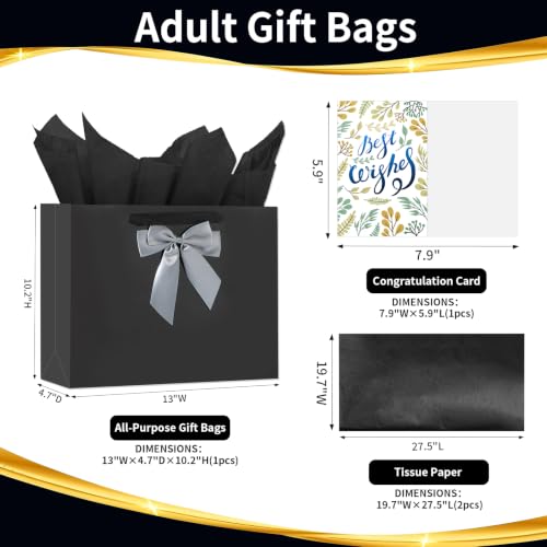 Image of 13 inch Black Bags with Handles, Birthday Gift Bag Set - 1 Gift Bag with Bow, 2 Tissues & Greeting Card for Men Women,Gift Bags Medium size(1 PCS Black Glossy)