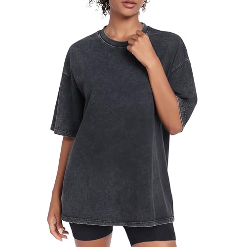 100% Cotton Black Washed Vintage Oversized T-Shirt for Women, Casual Baggy Streetwear Boyfriend Tee Workout Short Sleeve Cotton Tops