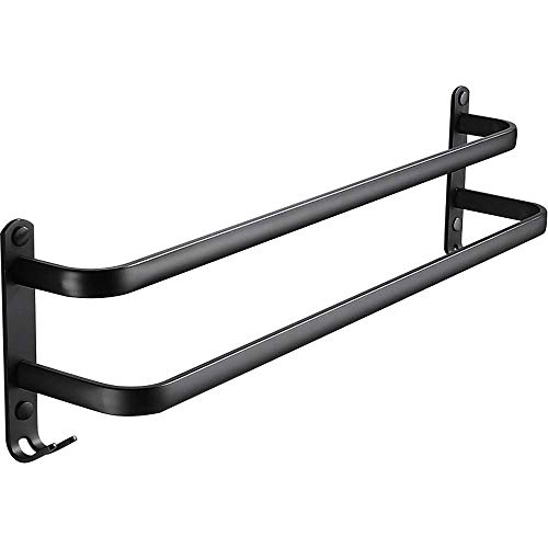 Toallero de pared de 2 niveles con ganchos, de aluminio, para cocina, baño, inodoro, 60 cm, color negro