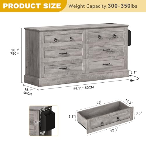 DWVO Farmhouse 6 Drawers Dresser with Air-Purifier, 59" Wide Wood Rustic Chest of Drawers with Nice Texture, Vintage Design, Storage Dressers Organizer for Living Room, Hallway, Grey