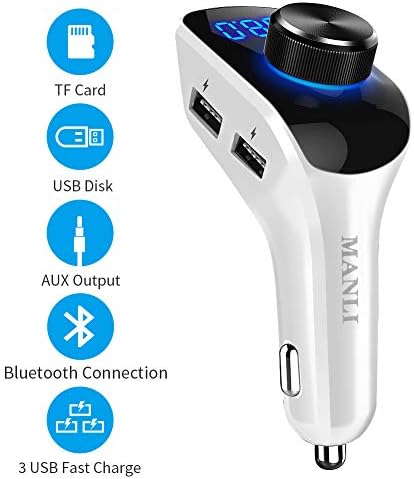 Bluetooth FM Transmitter for Car, MANLI Wireless in-Car Transmitter Radio Adapter Car Kit, Universal Car Charger with Three USB Charging Ports, Hands Free Calling