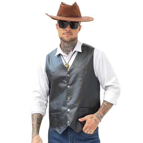 Giftdigger Mens Western Cowboy Vest,Vintage Cowboy Suit Vest with Bolo Tie, Slim Wedding Vests,Leather Light Casual Vests,Black Vintage Western Denim Casual Waistcoat, XXL