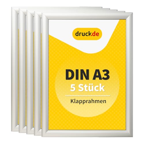 druck.de 5 Klapprahmen A3 für Plakate, Hinweisschilder, Werbung | Aluminiumrahmen mit 2,5 cm Profil | geeignet für Wandmontage | Durchsichtiger Plastikschutz schützt Ihr Poster (5 Stück, A3)