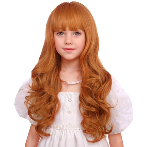 WAVELNM Kids Dark Orange Wig with Bangs Long Wavy Child Orange Wigs Girls Daily Halloween Cosplay Synthetic Wigs