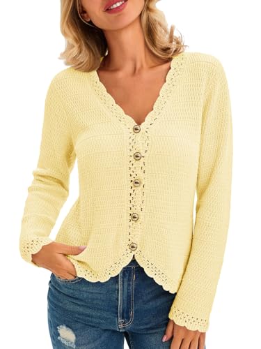 Image of Saodimallsu Womens V Neck Cardigan Sweaters Button Up Cropped Boho Knit Long Sleeve Loose Trendy Sweater Tops