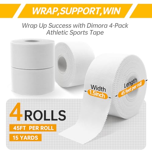Dimora 4-Pack White Athletic Tape - Strong Adhesive Sports Tape No Sticky Residue Easy Tear Athletic Tapes & Wraps, Gymnastics Tape for Athletes(1.5in X 45ft)
