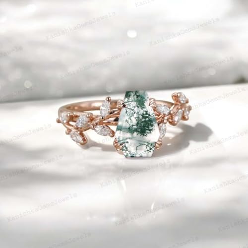 Coffin Cut Multi Gemstone Engagement Ring 14k Rose Gold Twig Leaf Diamond Ring Art Deco Bridal Jewelry Unique Wedding Gift for Wife Family Birthstone Ring3