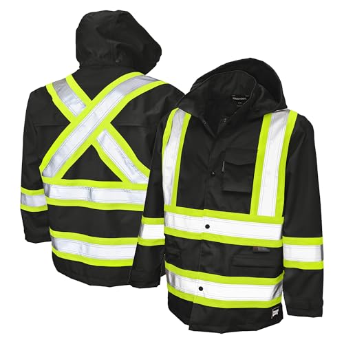 Tough Duck Premium Ripstop Safety Rain Jacket – Waterproof Hi-Vis Reflective for Outdoor Work, Heavy-Duty, ANSI Class 1, 2, 3, Saftey Black, Large
