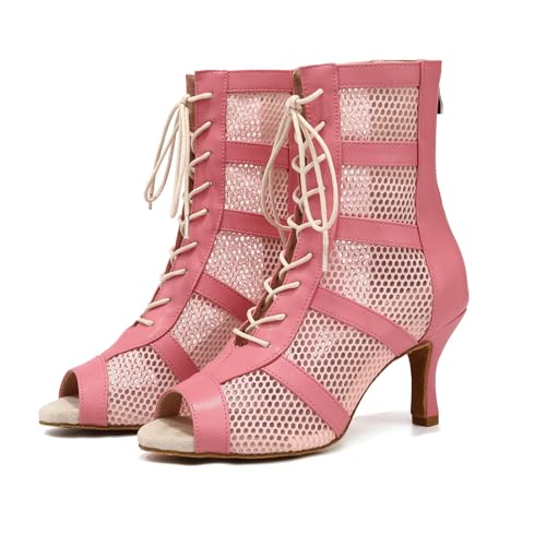 Image of AOQUNFS Women Ballroom Dance Shoes Lace-up Open Toe Ankle Boots Salsa Latin Dance Heels
